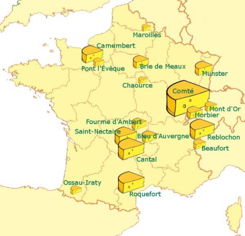 Carte de France et principales AOC des fromages